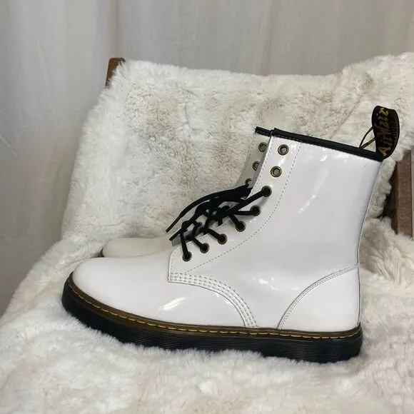NEW Dr. Martens ZAVALA white patent leather lace up combat boots 10