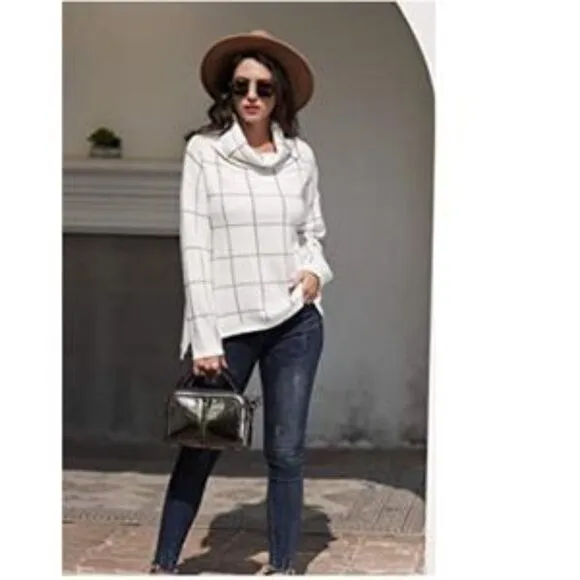 New Grid Pattern Turtleneck Knitted Jumper Sweater