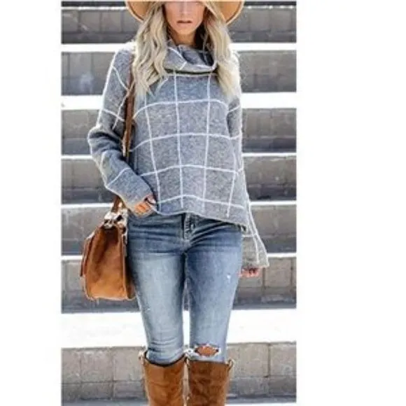New Grid Pattern Turtleneck Knitted Jumper Sweater