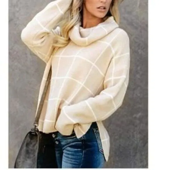 New Grid Pattern Turtleneck Knitted Jumper Sweater