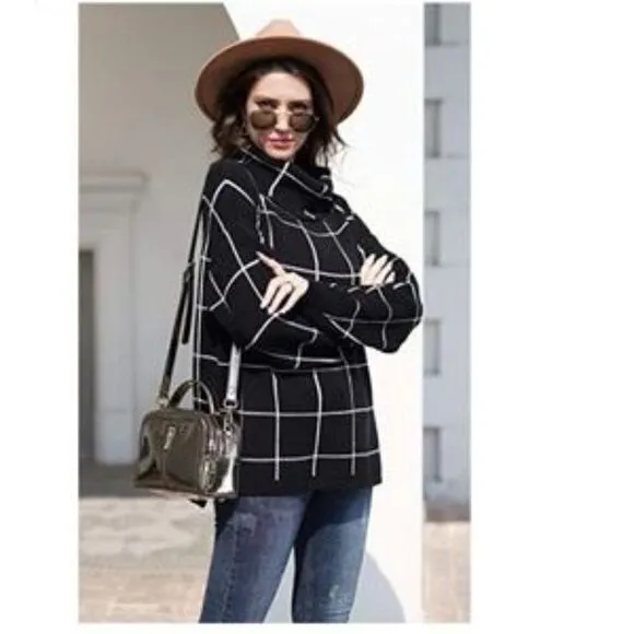 New Grid Pattern Turtleneck Knitted Jumper Sweater