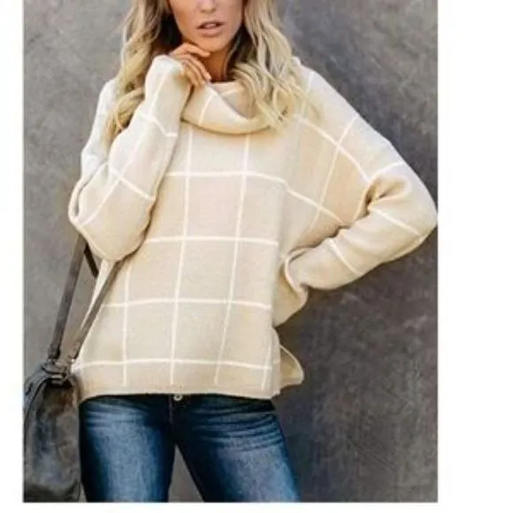 New Grid Pattern Turtleneck Knitted Jumper Sweater