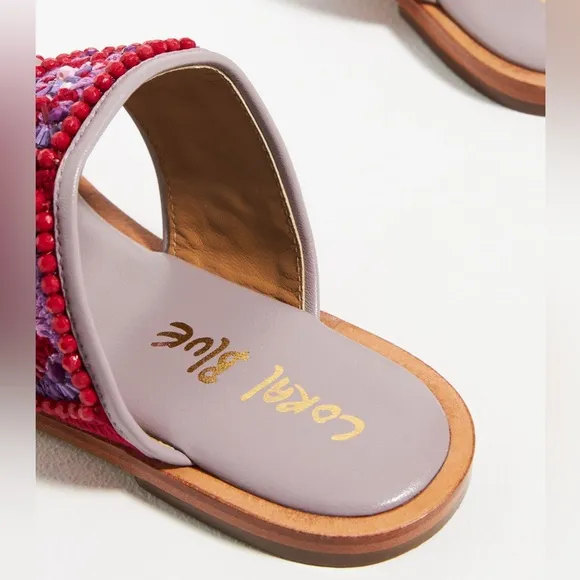 NIB Anthropologie Coral Blue Beaded Granny Sandals sz 37/6, 6.5 Red Purple Slide