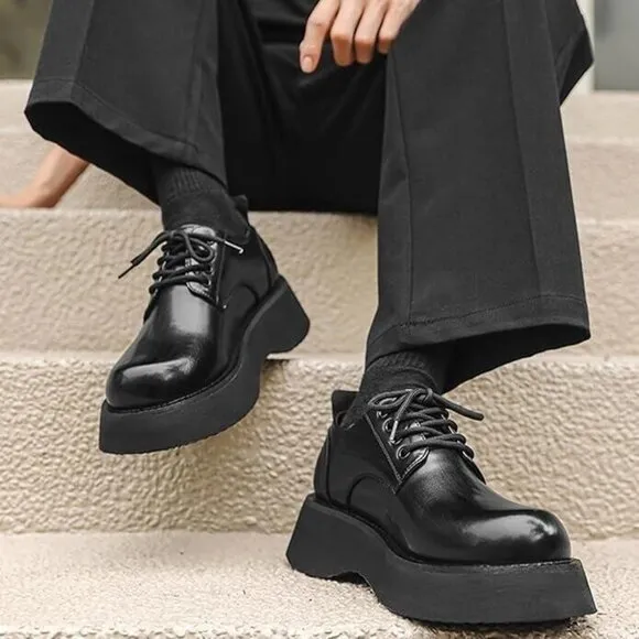 NIB Chunky Lug Sole Grunge Goth 2.5&quot; Platform Shoes Black Leather Men's 9 Wom 11