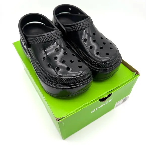 NIB NWT New Crocs CROCS Stomp High Shine Clog Black Women's 8 Men's 6 Shoes