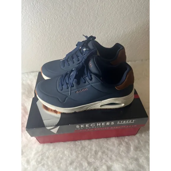 NIB Skechers Street LA cooled Memory Foam Navy Brown Men Shoes Size 9.5
