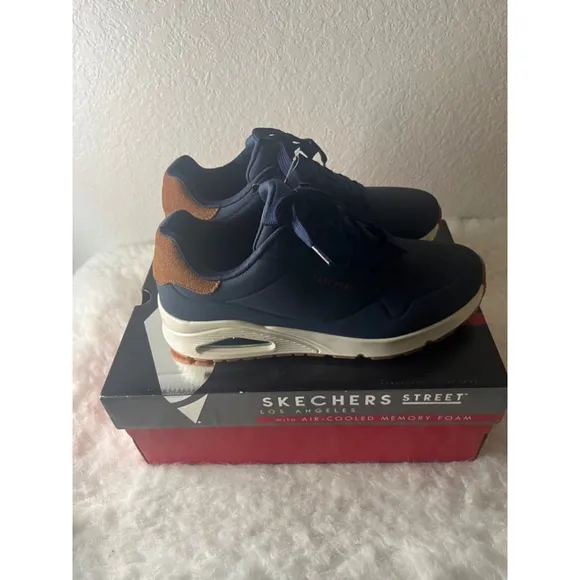 NIB Skechers Street LA cooled Memory Foam Navy Brown Men Shoes Size 9.5
