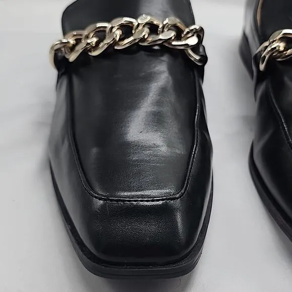 NINE WEST ONXE CHAIN BLACK LOAFERS PREMIUM LEATHER GOLD HORSEBIT LADIES 9.5 NWOB