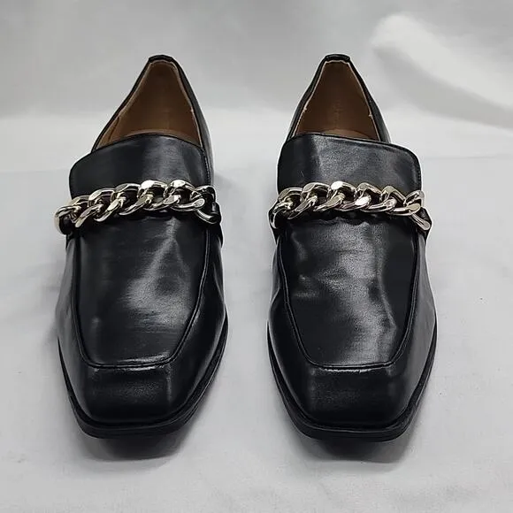 NINE WEST ONXE CHAIN BLACK LOAFERS PREMIUM LEATHER GOLD HORSEBIT LADIES 9.5 NWOB