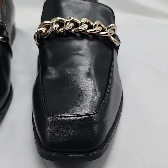 NINE WEST ONXE CHAIN BLACK LOAFERS PREMIUM LEATHER GOLD HORSEBIT LADIES 9.5 NWOB