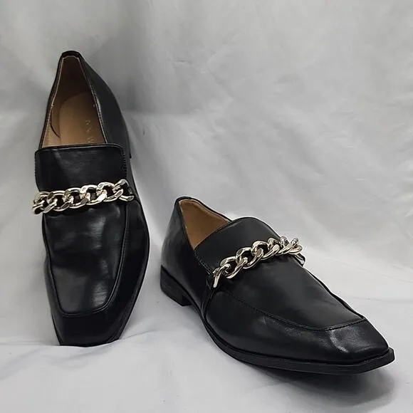 NINE WEST ONXE CHAIN BLACK LOAFERS PREMIUM LEATHER GOLD HORSEBIT LADIES 9.5 NWOB
