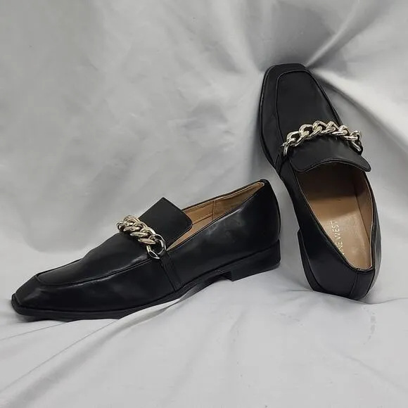 NINE WEST ONXE CHAIN BLACK LOAFERS PREMIUM LEATHER GOLD HORSEBIT LADIES 9.5 NWOB