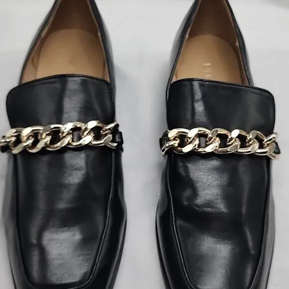 NINE WEST ONXE CHAIN BLACK LOAFERS PREMIUM LEATHER GOLD HORSEBIT LADIES 9.5 NWOB