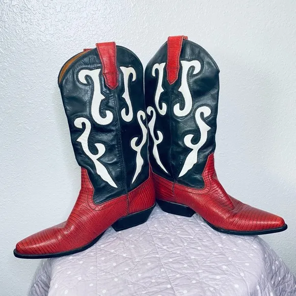 Nine West Y2K 2000s Vintage Red Black Leather Romnee Western Cowgirl Boots 10M