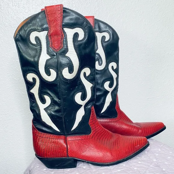 Nine West Y2K 2000s Vintage Red Black Leather Romnee Western Cowgirl Boots 10M