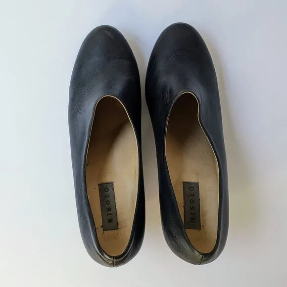 Nisolo Shoes Austin Womens 9.5 Gray Grey Smoke Leather Heels Slip On Almond Toe