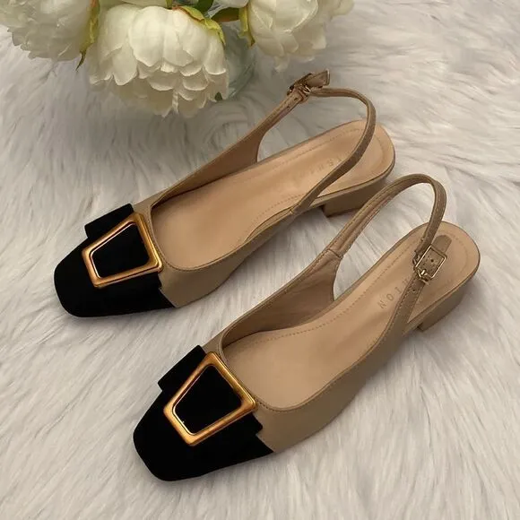 Nude Black Gold Minimalist Block Heels Squared Toe Dress Slingback Shoes