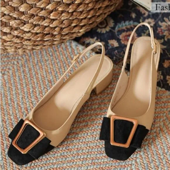 Nude Black Gold Minimalist Block Heels Squared Toe Dress Slingback Shoes