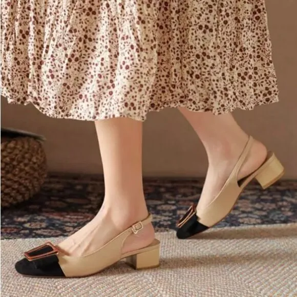 Nude Black Gold Minimalist Block Heels Squared Toe Dress Slingback Shoes