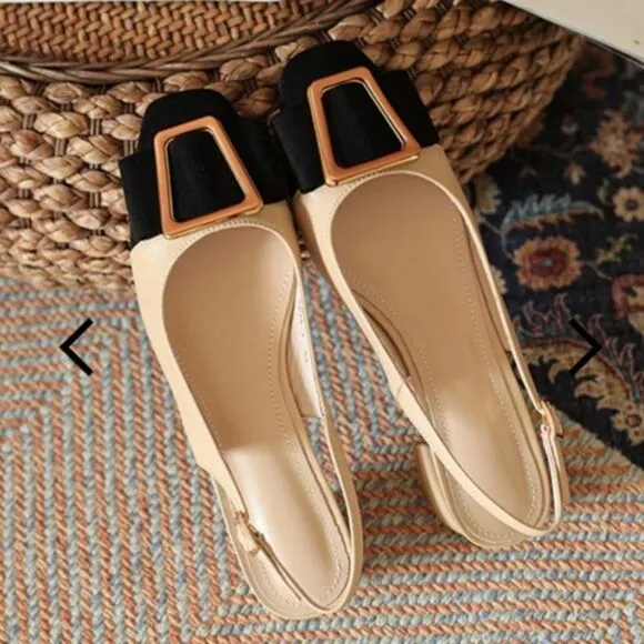 Nude Black Gold Minimalist Block Heels Squared Toe Dress Slingback Shoes