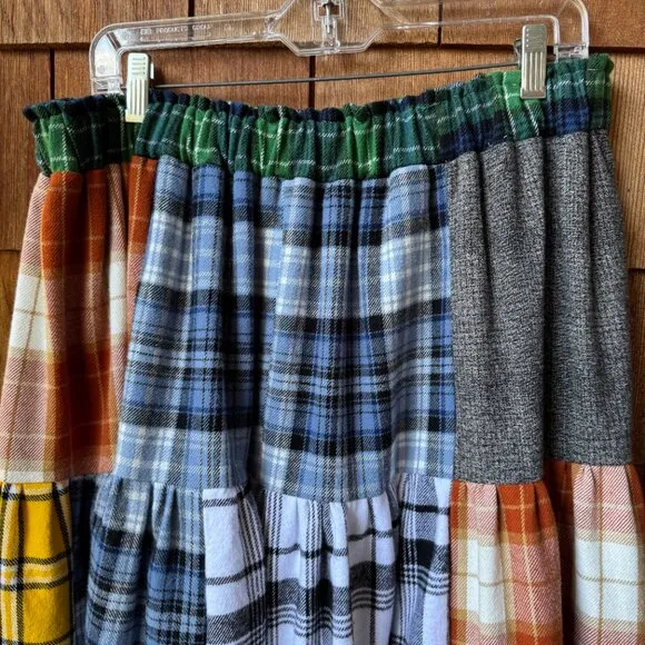 NWOT Vintage Plaid Flannel Elastic Waist Patchwork Skirt in Women's X-Large