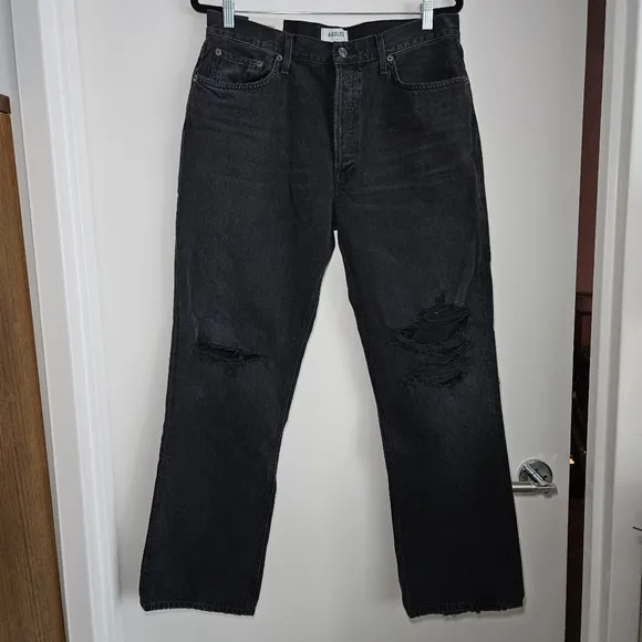 NWT! AGOLDE Lana Jean Sz 32 Mid Rise Vintage Straight Distressed Black Disorder