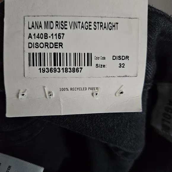 NWT! AGOLDE Lana Jean Sz 32 Mid Rise Vintage Straight Distressed Black Disorder