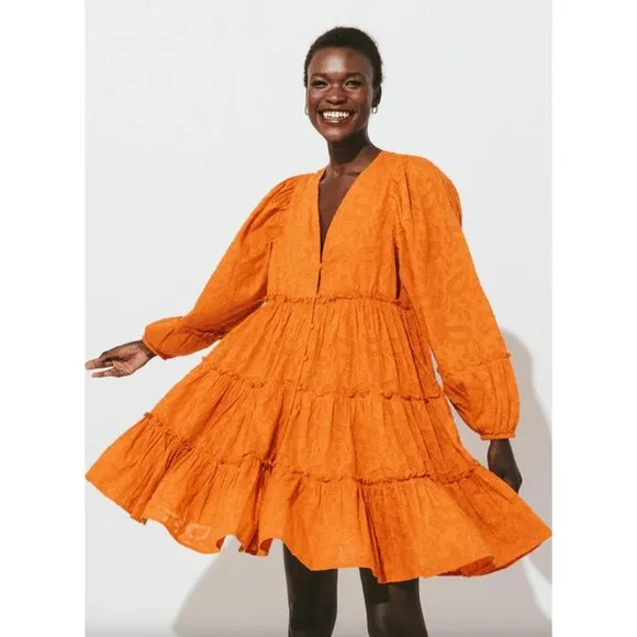 NWT Cleobella Blythe Mini Dress in Bright Orange Floral Tiered Boho XS