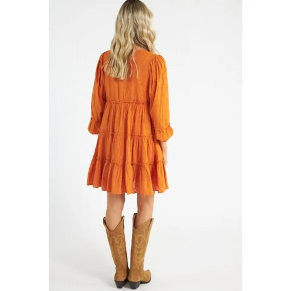 NWT Cleobella Blythe Mini Dress in Bright Orange Floral Tiered Boho XS