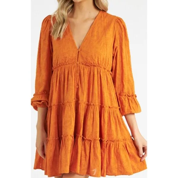 NWT Cleobella Blythe Mini Dress in Bright Orange Floral Tiered Boho XS