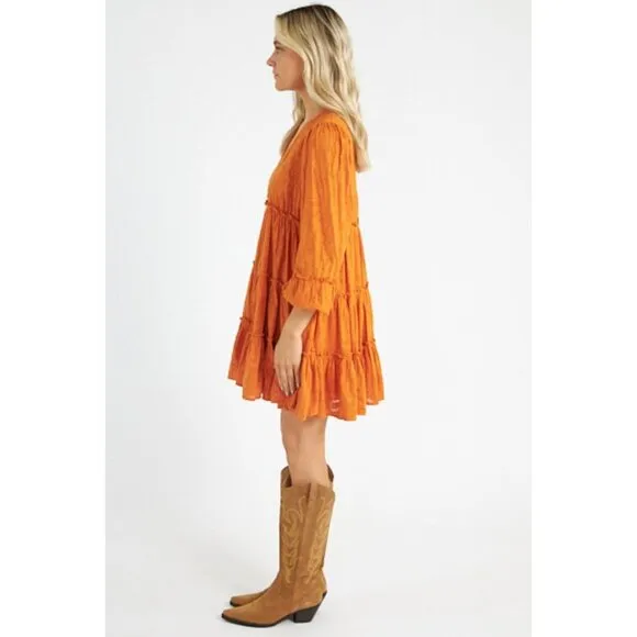 NWT Cleobella Blythe Mini Dress in Bright Orange Floral Tiered Boho XS