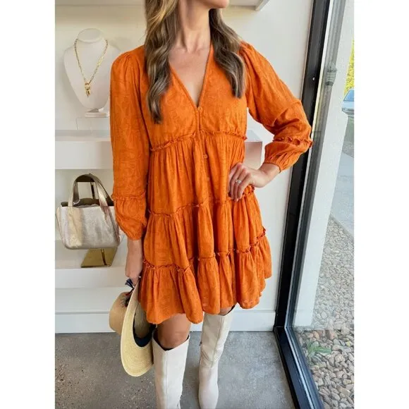 NWT Cleobella Blythe Mini Dress in Bright Orange Floral Tiered Boho XS