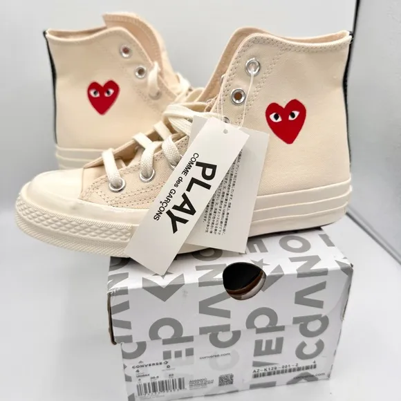 NWT Commes Des Garçons CDG Play Converse High Top Chuck 70 Heart Sneakers Cream