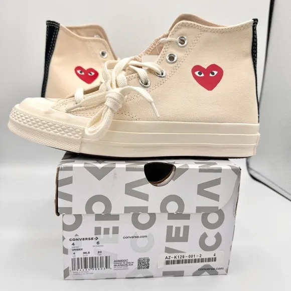 NWT Commes Des Garçons CDG Play Converse High Top Chuck 70 Heart Sneakers Cream