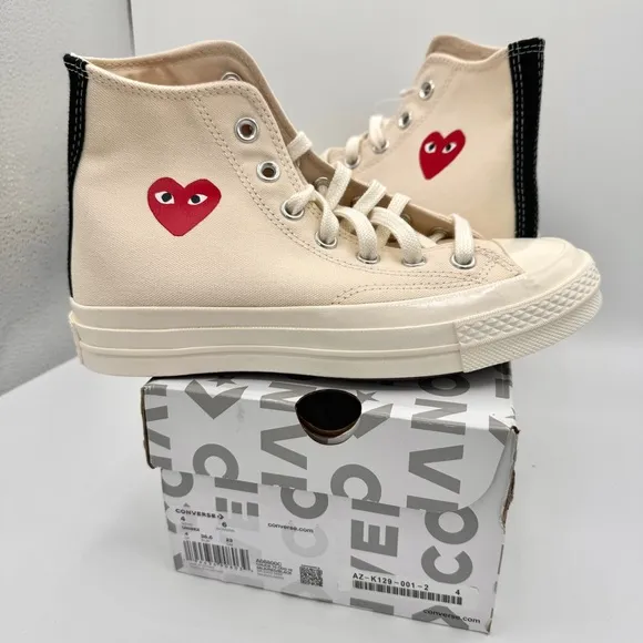 NWT Commes Des Garçons CDG Play Converse High Top Chuck 70 Heart Sneakers Cream