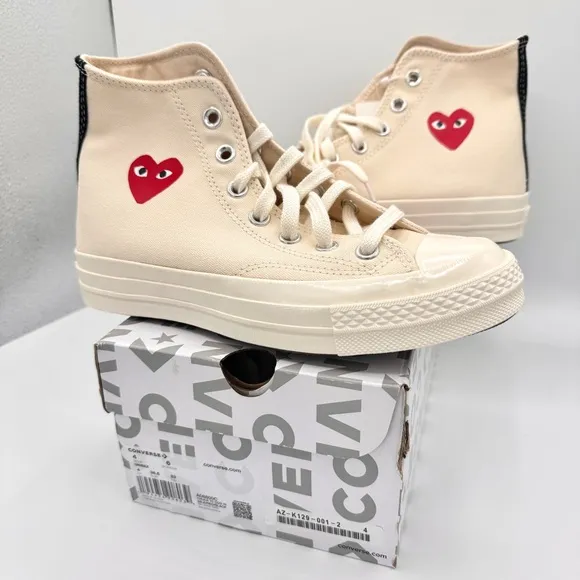 NWT Commes Des Garçons CDG Play Converse High Top Chuck 70 Heart Sneakers Cream
