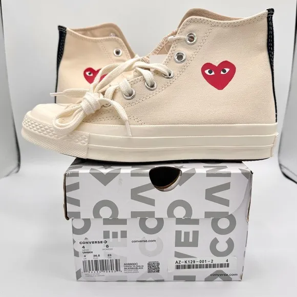 NWT Commes Des Garçons CDG Play Converse High Top Chuck 70 Heart Sneakers Cream