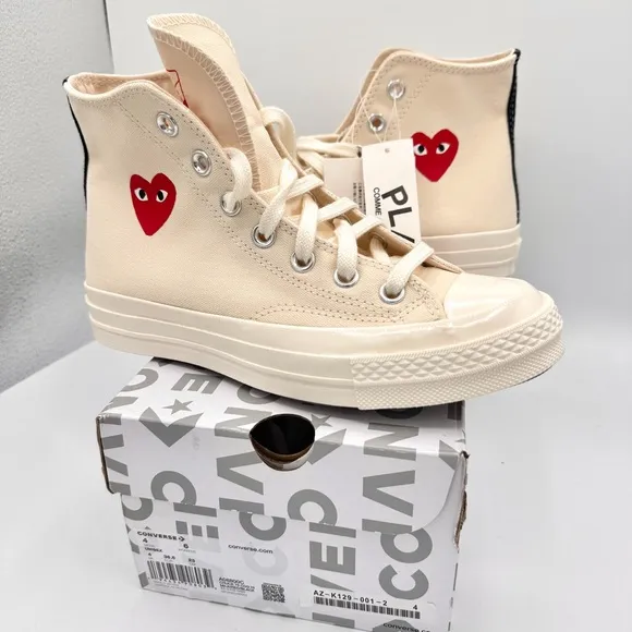 NWT Commes Des Garçons CDG Play Converse High Top Chuck 70 Heart Sneakers Cream