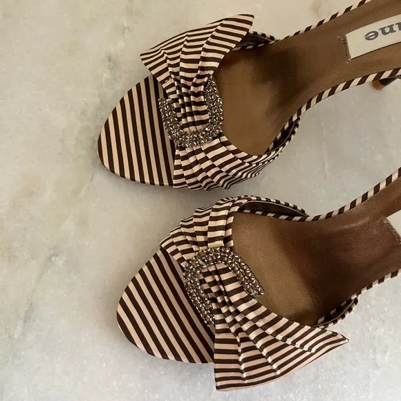 NWT DUNE LONDON | Crystal Bow Buckle Brown Striped Sandal Heels | Size 37
