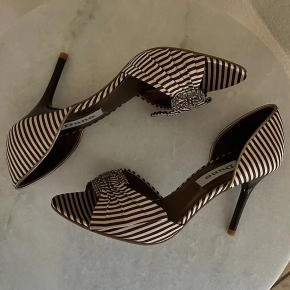 NWT DUNE LONDON | Crystal Bow Buckle Brown Striped Sandal Heels | Size 37