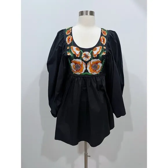 NWT La Double J Dolly Embroidered Dress Solid Black in Popeline Cotton XXS