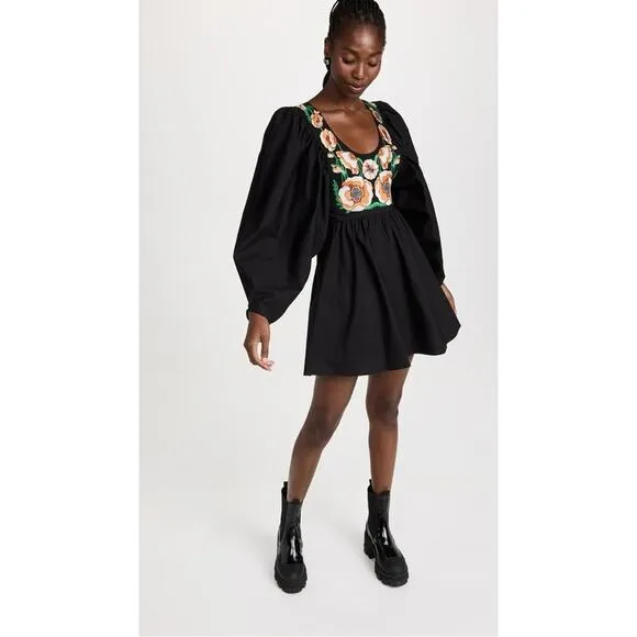 NWT La Double J Dolly Embroidered Dress Solid Black in Popeline Cotton XXS