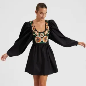 NWT La Double J Dolly Embroidered Dress Solid Black in Popeline Cotton XXS