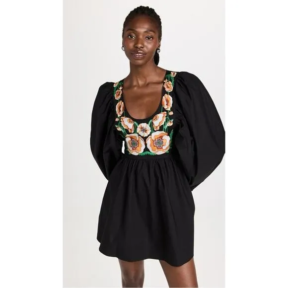 NWT La Double J Dolly Embroidered Dress Solid Black in Popeline Cotton XXS