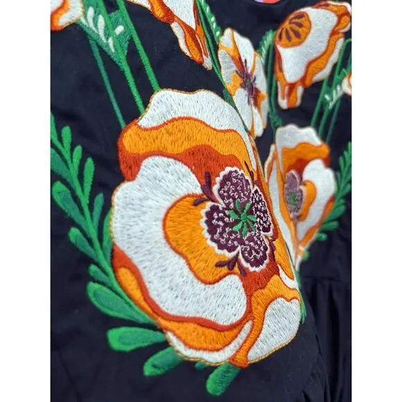NWT La Double J Dolly Embroidered Dress Solid Black in Popeline Cotton XXS