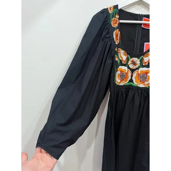 NWT La Double J Dolly Embroidered Dress Solid Black in Popeline Cotton XXS