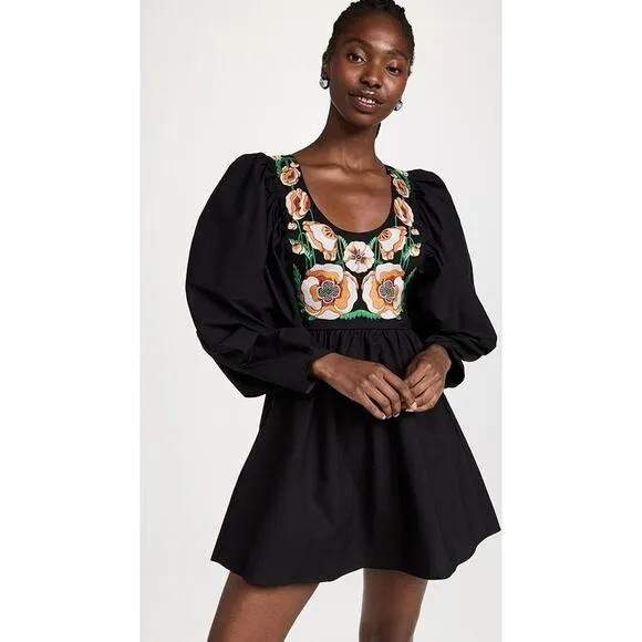 NWT La Double J Dolly Embroidered Dress Solid Black in Popeline Cotton XXS