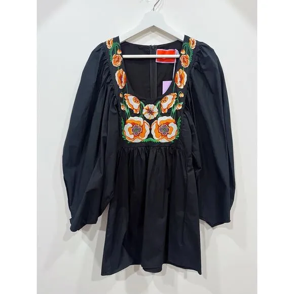 NWT La Double J Dolly Embroidered Dress Solid Black in Popeline Cotton XXS