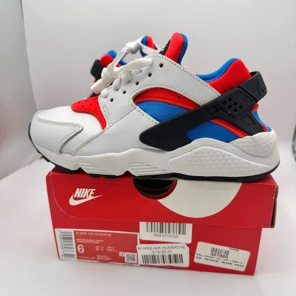 NWT Nike Hurache Women’s Sneakers in White Bright Crimson / Photo Blue / Black