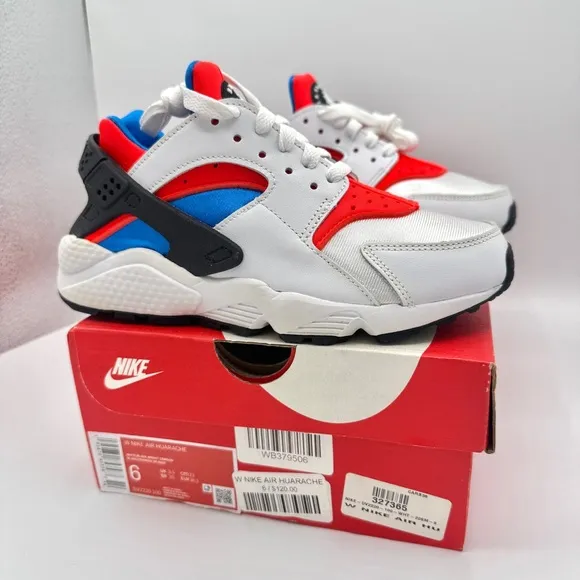 NWT Nike Hurache Women’s Sneakers in White Bright Crimson / Photo Blue / Black